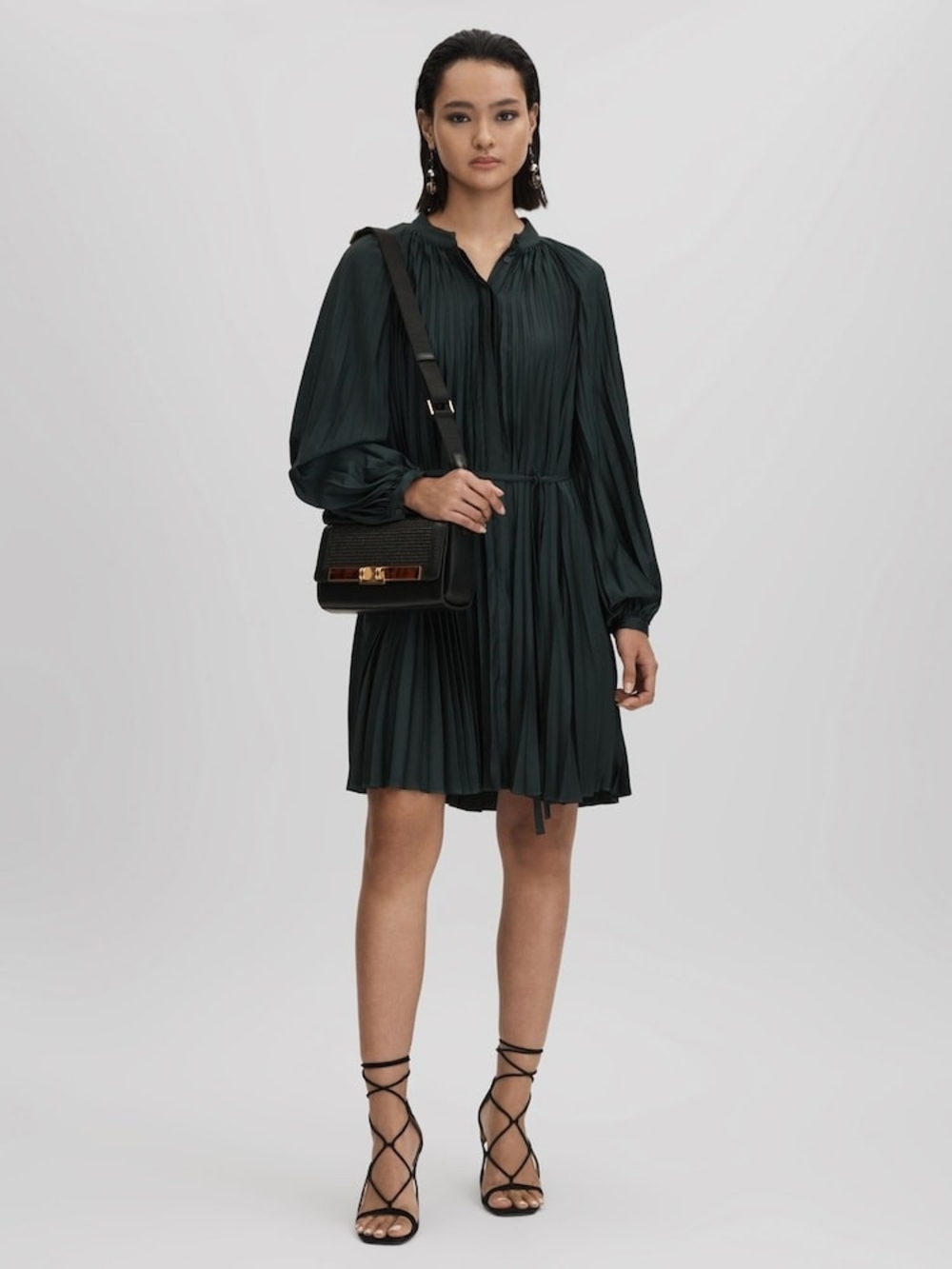 Reiss Trina Dark Green Pleated Mini Dress Sz 10